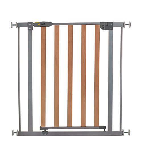 Hauck Wood Lock Safety Gate/Tür-Treppengitter, ohne Bohren, erweiterbar mit Verlängerungen von 9 cm und 21 cm bis 122 cm, kombinierbar mit Y-Spindeln, Metall, Holz, beidseitig schwenkbar, silver